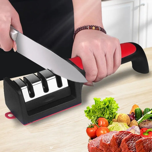 Afiador de facas de cozinha de 3/4, multifuncional, portátil, pedra de afiar preta de propósitos